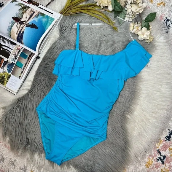 NEW Tahari Teal Blue One Shoulder Ruffle Women’s One piece Swinsuit Sz 6 - Picture 11 of 11